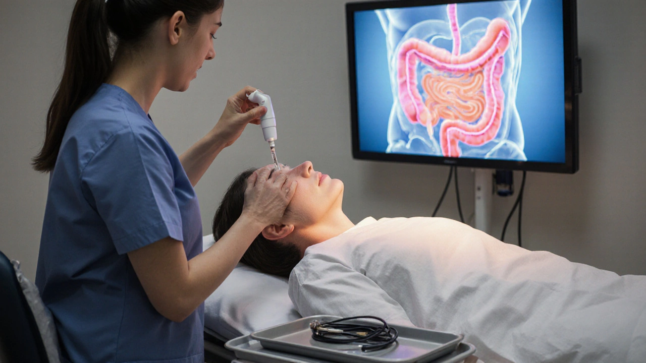 Pacient na vyšetřovacím stole před gastroskopií s lékařkou, která mu podává sprej do hrtanu.