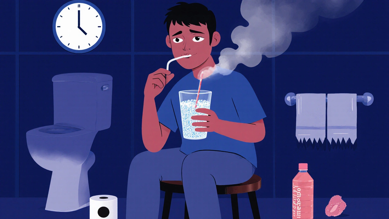 Pacient pije čisticí roztok večer před kolonoskopií, okolo něj jsou papírové kapesníky a elektrolytový nápoj.