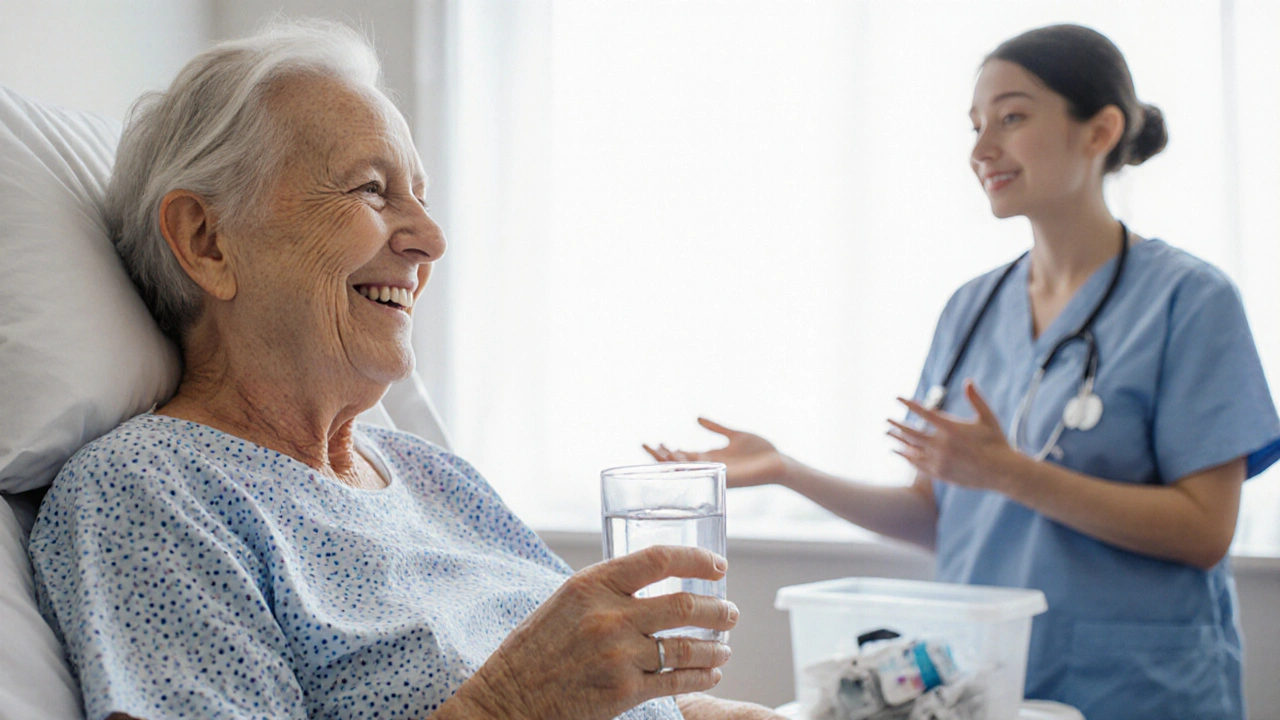 Pacient po úspěšné sigmoideoskopii s lékařkou v nemocničním prostředí.