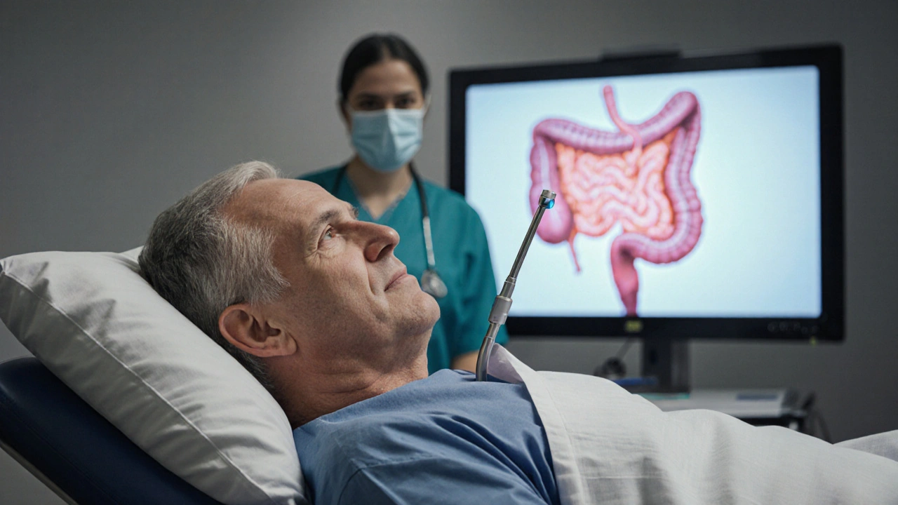 Pacient podstupující kolonoskopii s monitorováním odstranění polypu.