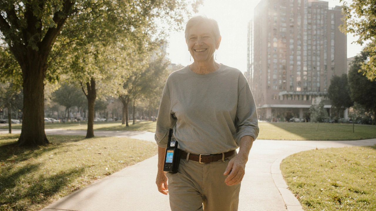Pacient prochází parkem s rekordérem na pasu, klidný a bezbolestný den.