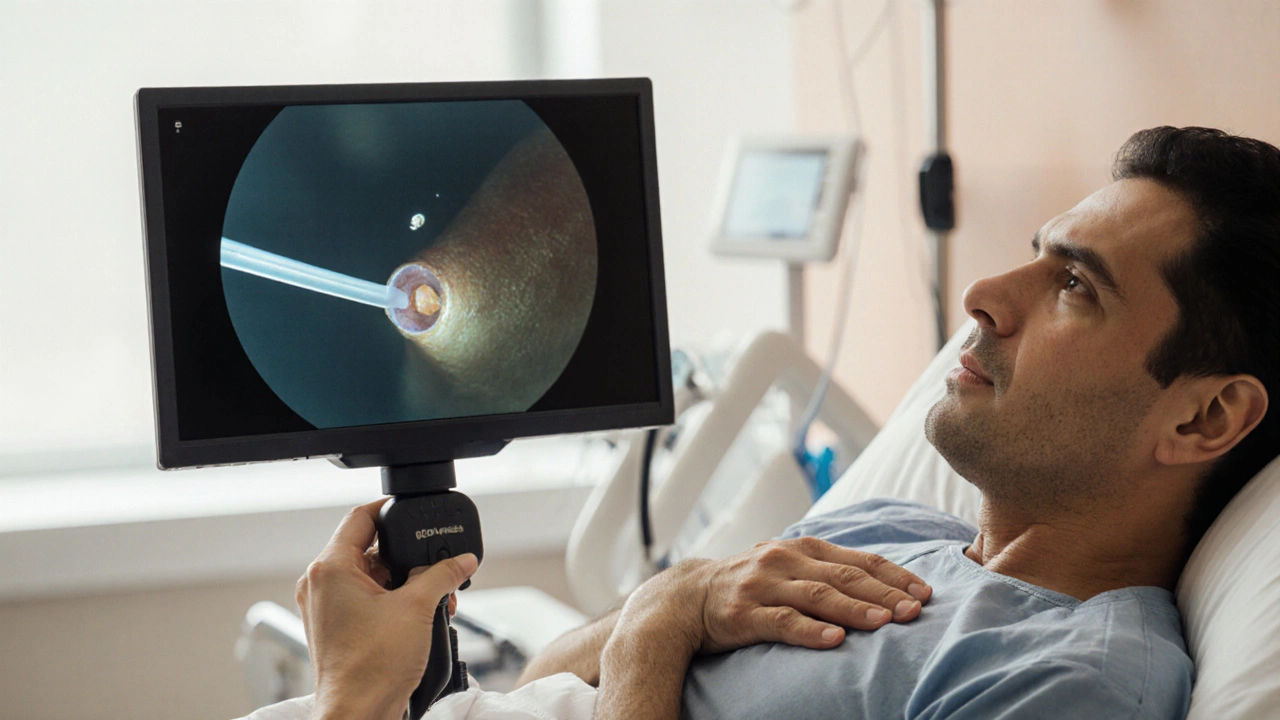 Pacient s bolestí v břiše a lékařem provádějícím fibroskopii s monitorováním ERCP.