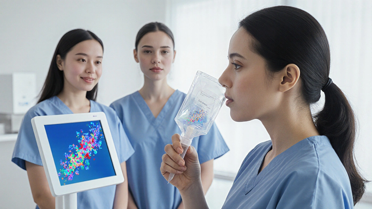 Pacient vydechuje do testovacího pytlíku pro detekci bakterie Helicobacter pylori.