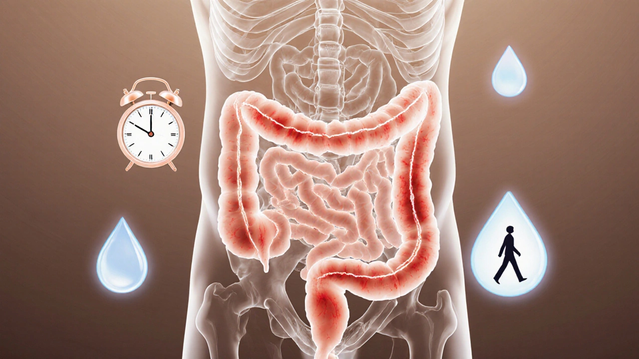 Přehledné znázornění dolní části trávicího traktu s mírným krvácením a zánětem.