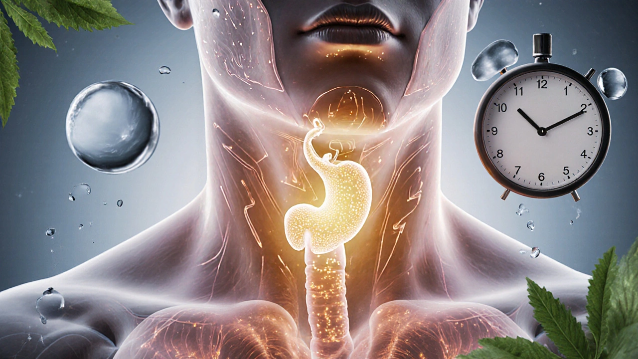 Přehledný vnitřní pohled na hojící se sliznici hrtanu a žaludku s příznaky obnovy.