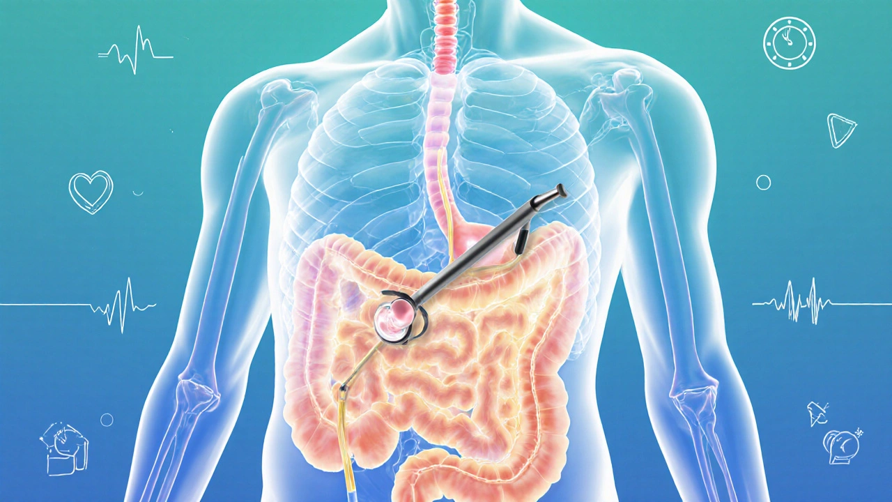 Průhledný lidský tělo s osvětleným konečníkem a odstraňováním polypu během rektoskopie.