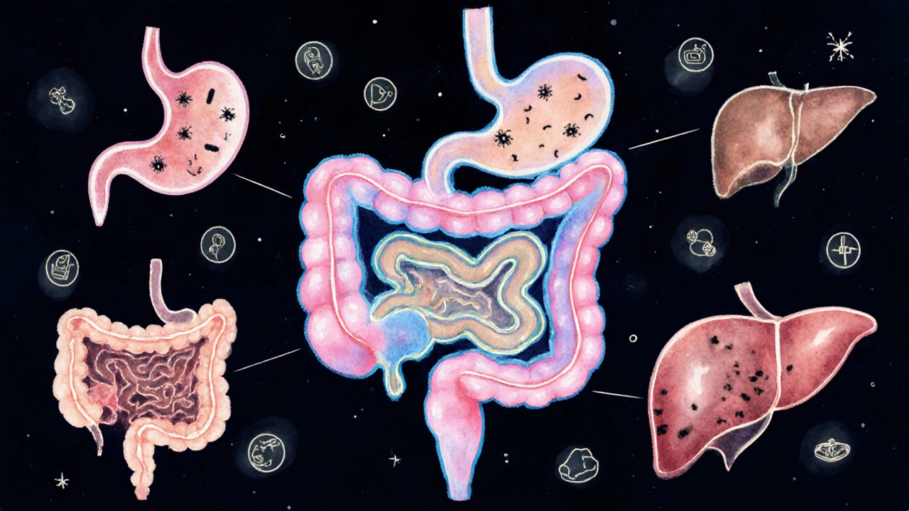 Průhledný náčrt trávicího traktu s viditelnými onemocněními: vředy, polypy a tuková játra.