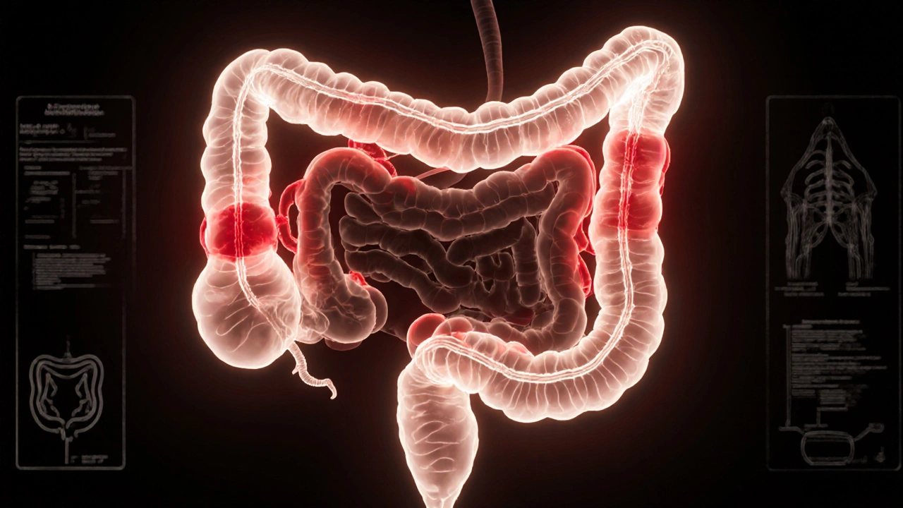 Průřez tlustého střeva s viditelnými hemoroidy, trhlinou a polypem.