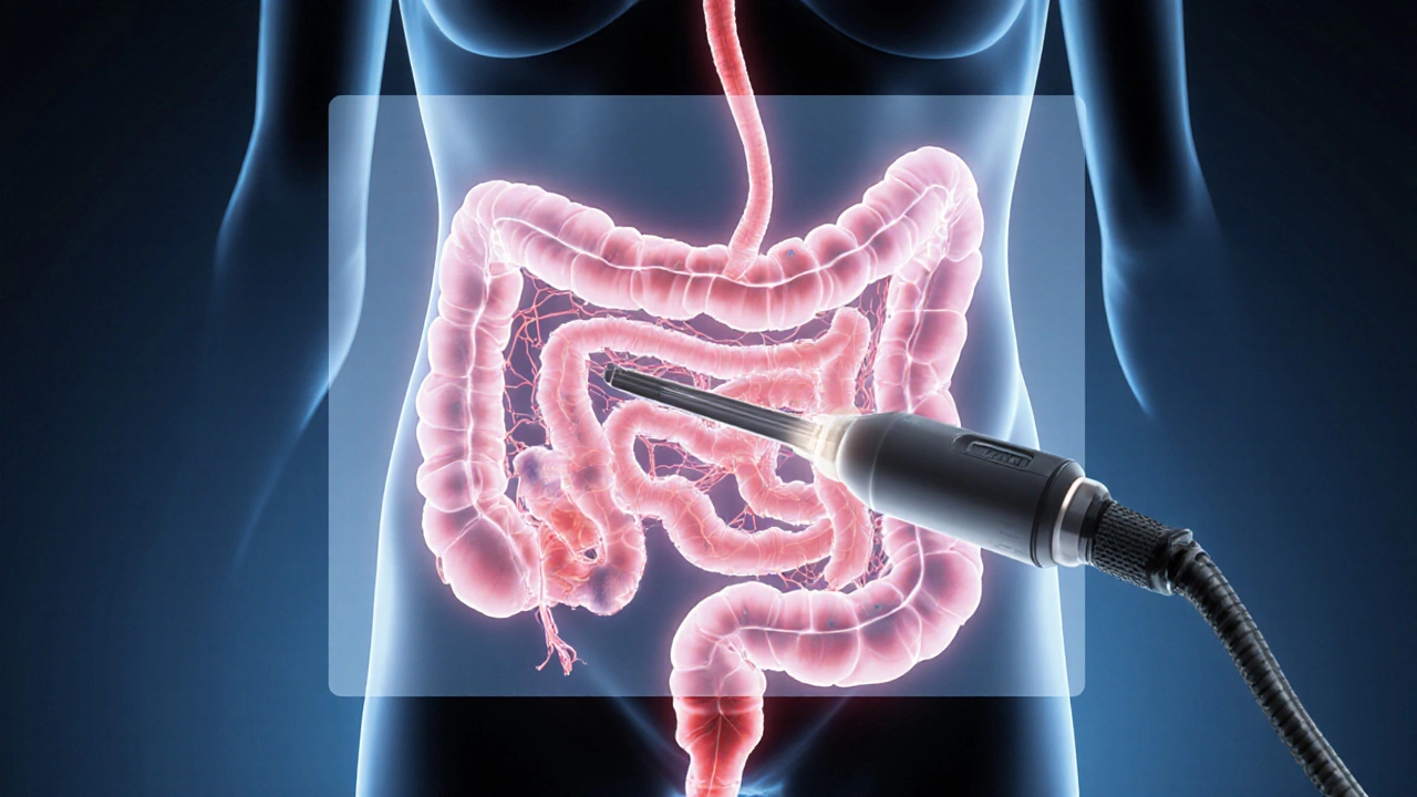 Rektoskopie: světlo vnitřního přístroje osvětluje stěny konečníku.