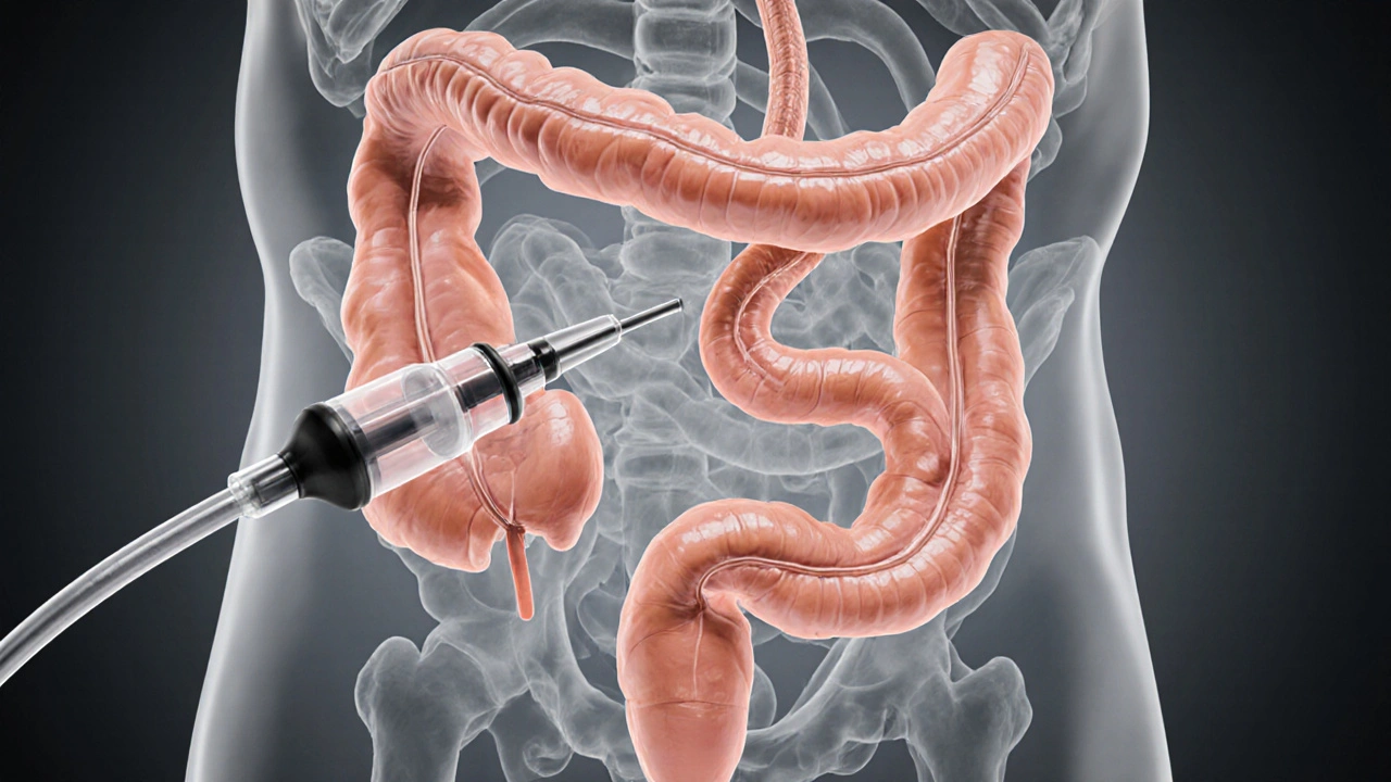 Schéma sigmoidu a konečníku s prohlíženou oblastí a nevyšetřenou horní částí střeva.