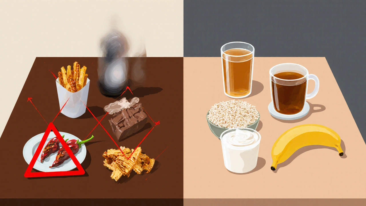 Stůl s zakázanými a povolenými potravinami po gastroskopii, kontrast mezi temnými a světlými položkami.