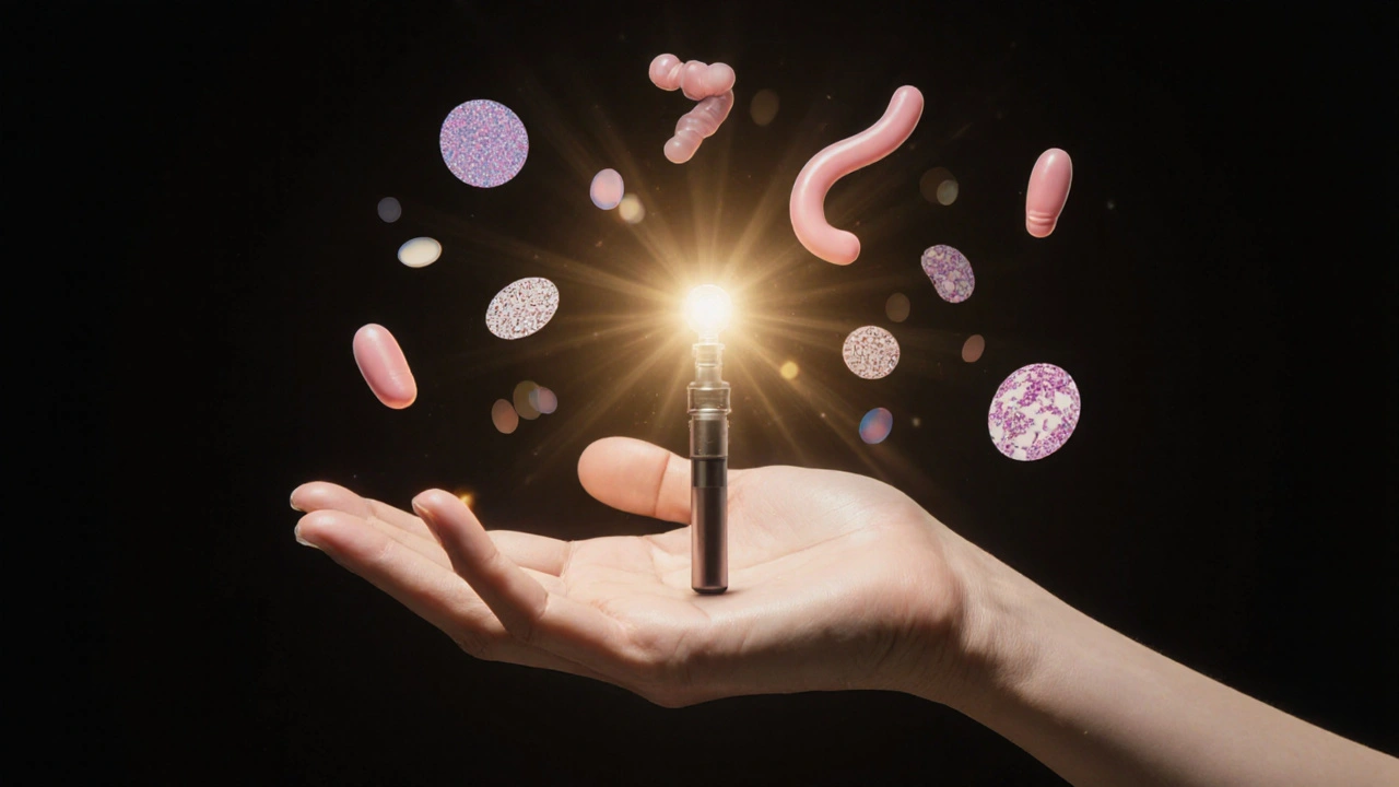 Světlo z rektoskopu osvětluje abstraktní tvary představující onemocnění konečníku.