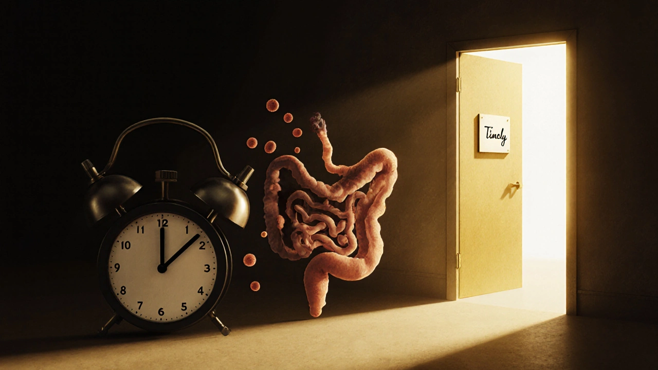 Symbolická scéna hodin tvaru rektoskopu a tlustého střeva, které přeměňují polypy v rakovinu.