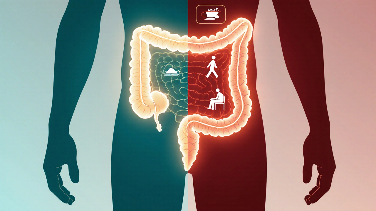 Symbolický obraz zdravého vs. postiženého konečníku s prevencí a riziky.