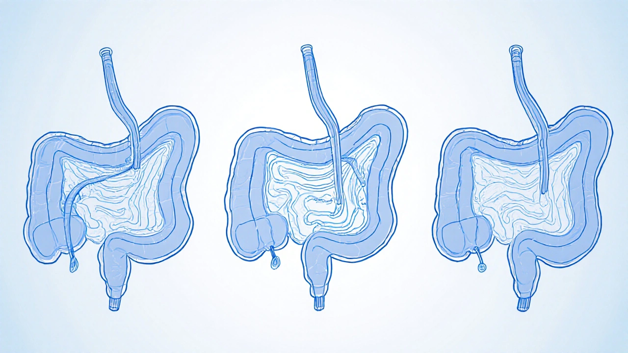 Tři typy endoskopických vyšetření střev s viditelnými hloubkami prohlídky.