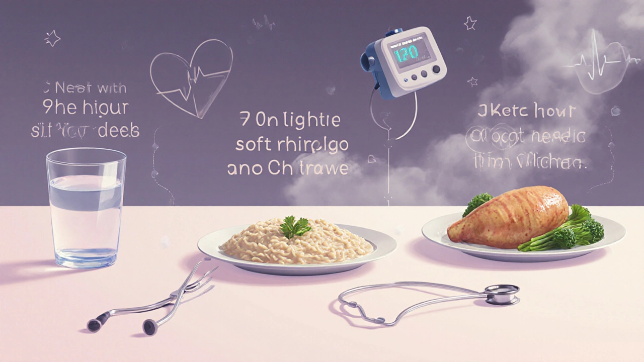 Vizualizace postupného návratu k jídlu po gastroskopii: voda, kaše, zelenina a kuřecí prsa.