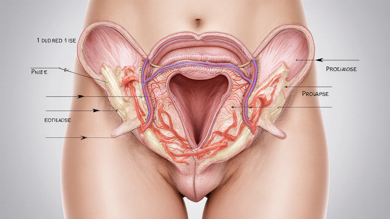Vnitřní anatomie konečníku s hemoroidy v různých stádiích.
