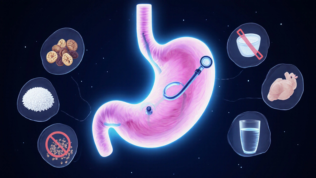 Vnitřní pohled na čistý žaludek s endoskopem, který prochází trávicím traktem bez překážek.