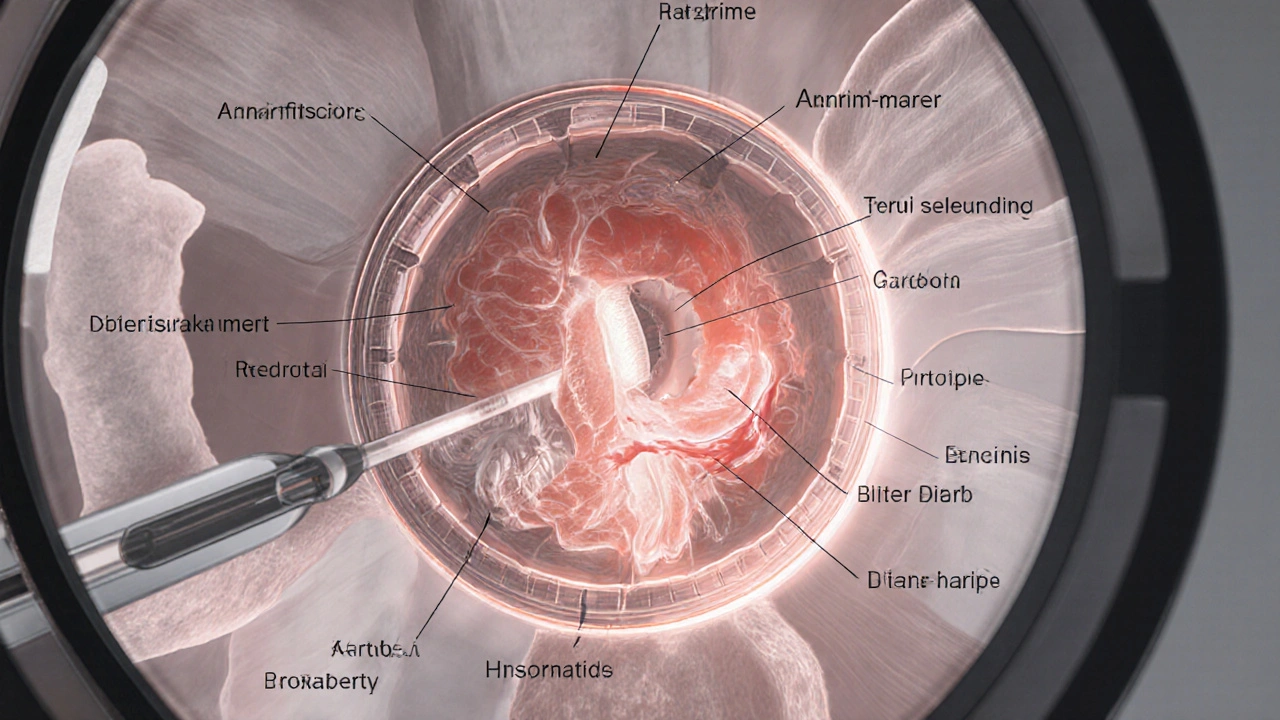 Vnitřní výřez konečníku s viditelnými hemoroidy a polypy při rektoskopii.