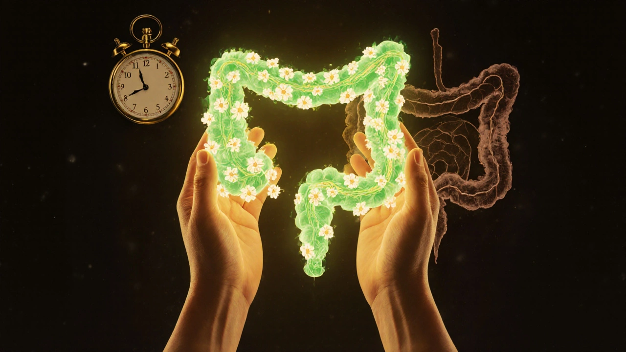 Zdravá střeva jako kvetoucí větev proti temnému poškozenému střevu, symbolizující prevenci.