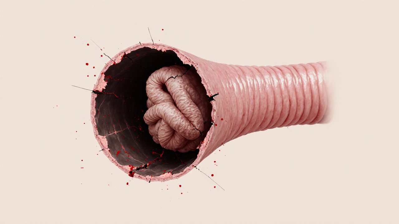 Zúžené střevo s nádorem vystupujícím do dutiny, kontrast mezi zdravou a nemocnou tkání.