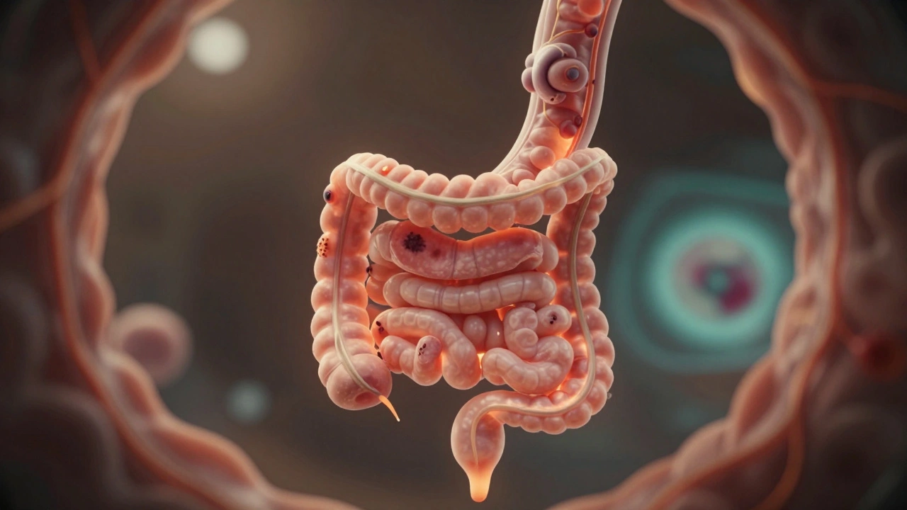 Balónkový enteroskop postupuje po spirále tenkého střeva, viditelné jsou cévy a malé změny v sliznici.