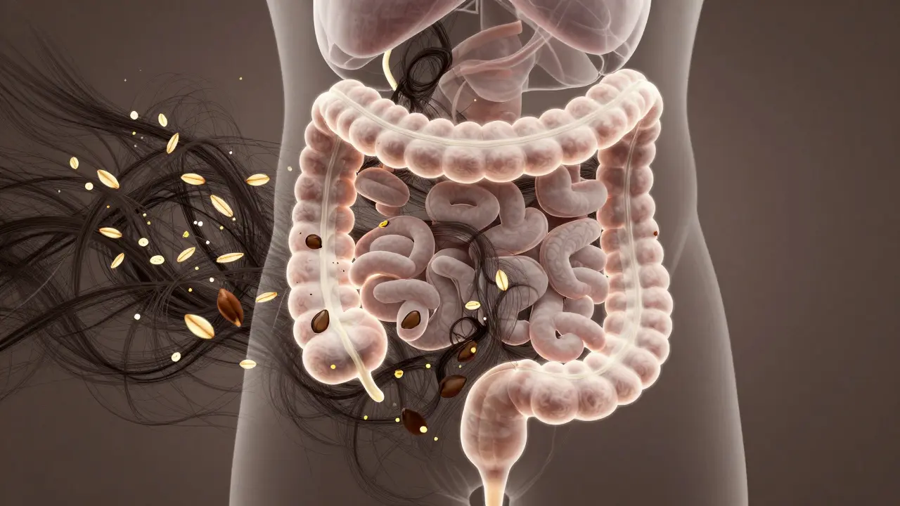 Čisté střevo svítí vnitřně, zatímco vlákna a semínka leží venku.