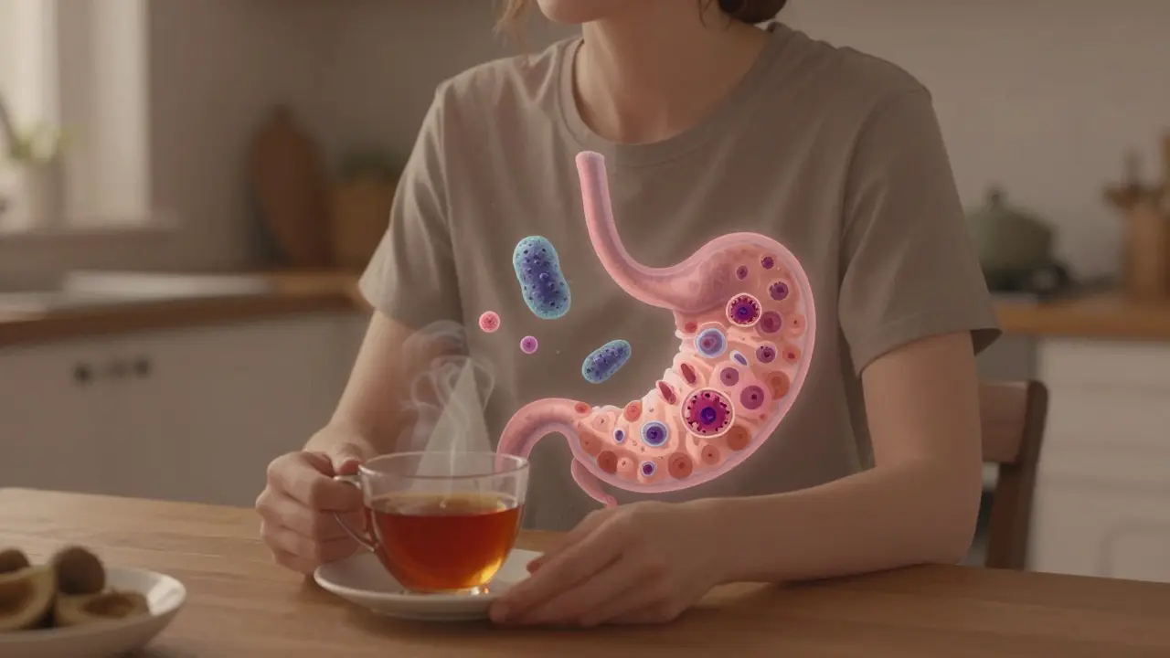 Člověk v klidu v kuchyni, s překryvem vnitřních změn žaludku způsobených bakterií a počátečními rakovinovými předchůdci.