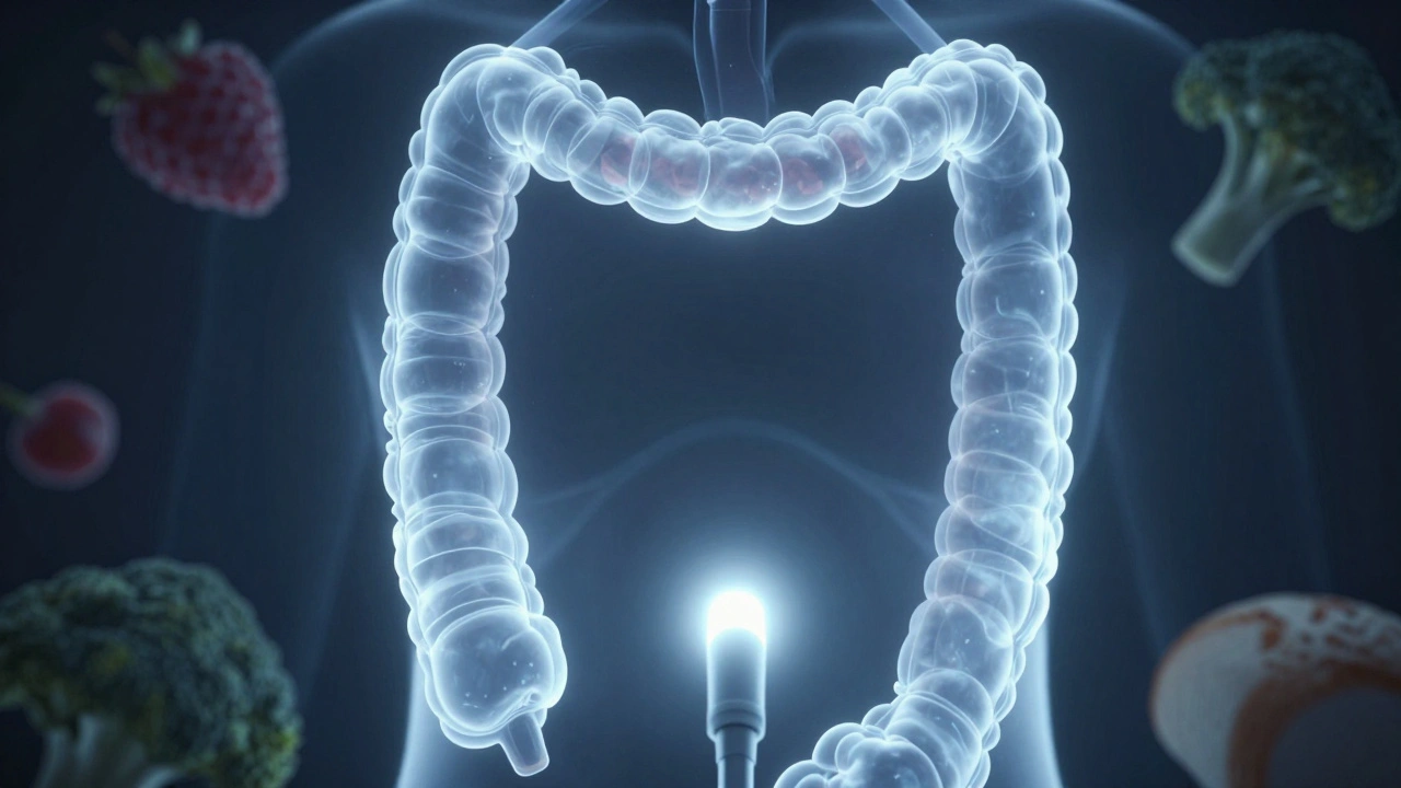 Illuminované čisté střevo s endoskopem, zatímco zakázané potraviny mizí v temnotě.