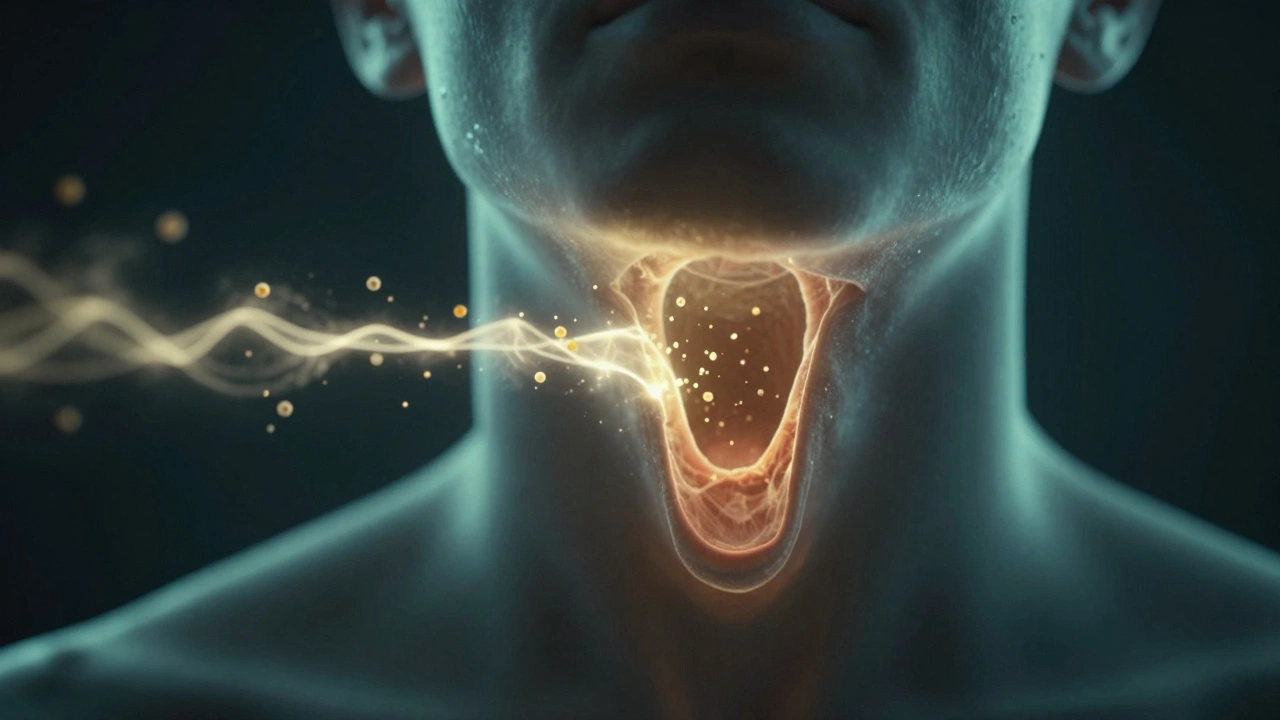 Illuminovaný hltan s postupně mizící bariérou, symbolizující návrat hltacího reflexu.