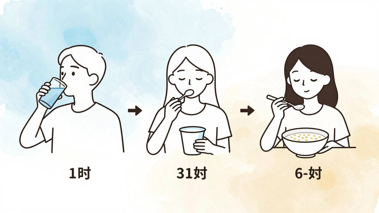 Ilustrace postupného obnovování stravy po gastroskopii: voda, jogurt, rýže.