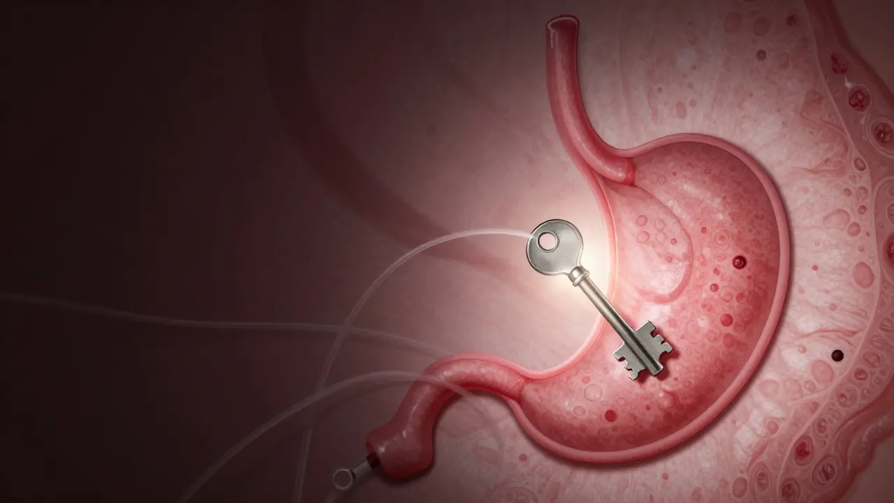 Klíč světla vkládaný do zámku tvaru žaludku, symbolizující včasnou detekci rakoviny prostřednictvím fibroskopie.