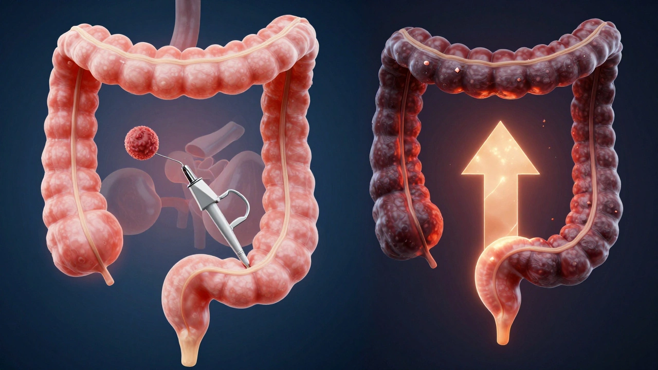 Konceptuální obrázek zdravého a nemocného střeva s odstraněním polypu.