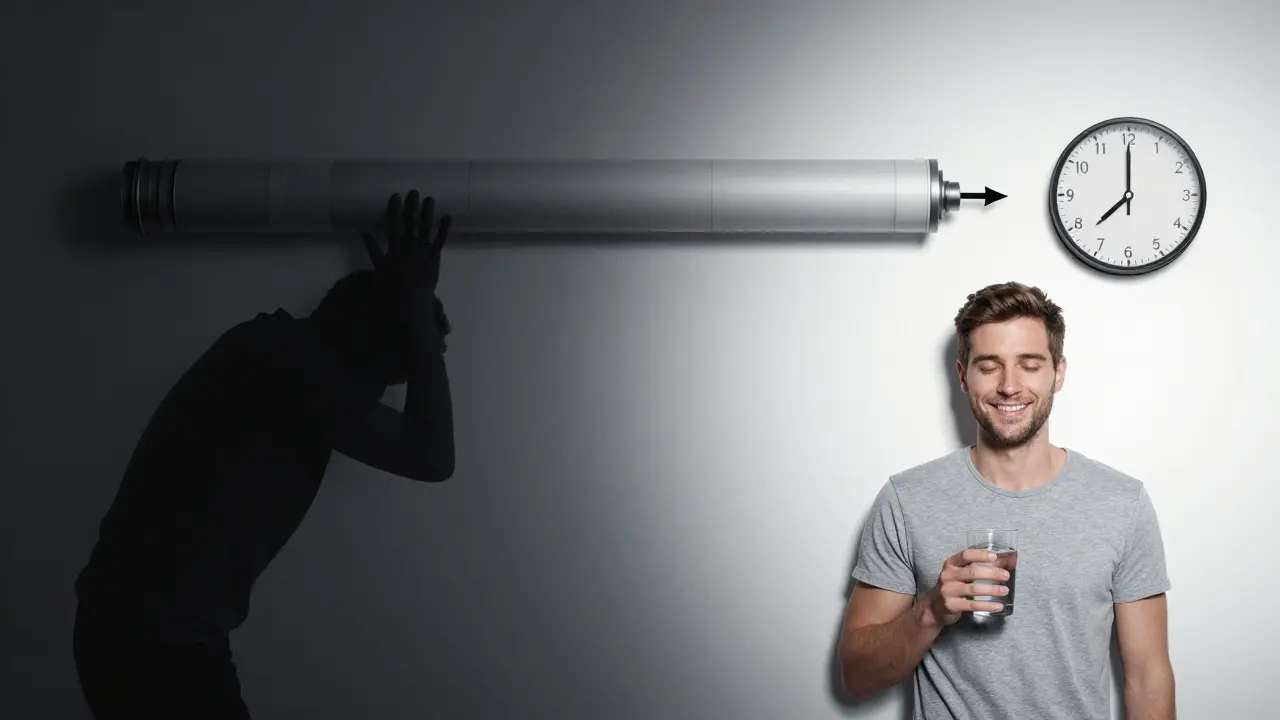 Kontrast mezi strachem z vyšetření a klidem po něm, symbolicky znázorněný dvěma scénami.