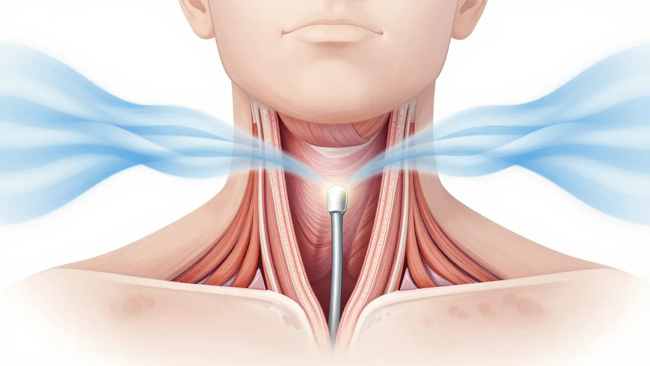 Křivka klidného dechu v podobě modrých vln kolem hrtanu během endoskopie.
