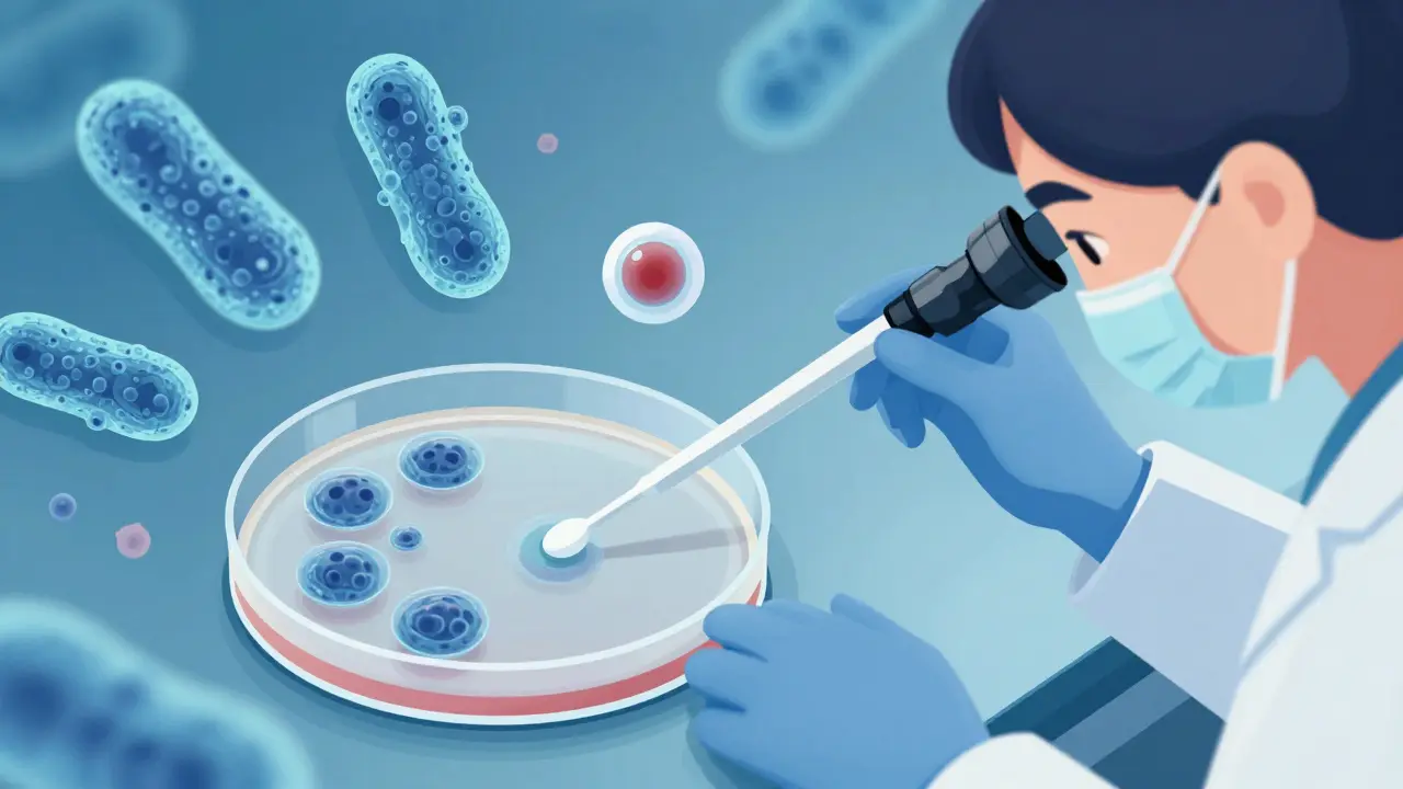 Laboratorní technik analyzuje vzorek z výtěru pod mikroskopem.
