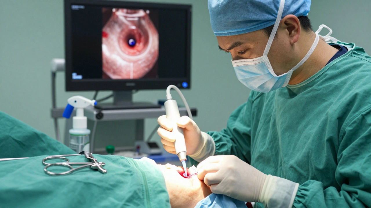 Lékař během enteroskopie zastavuje krvácení laserem v tenkém střevě, na monitoru je vidět reálný obraz.