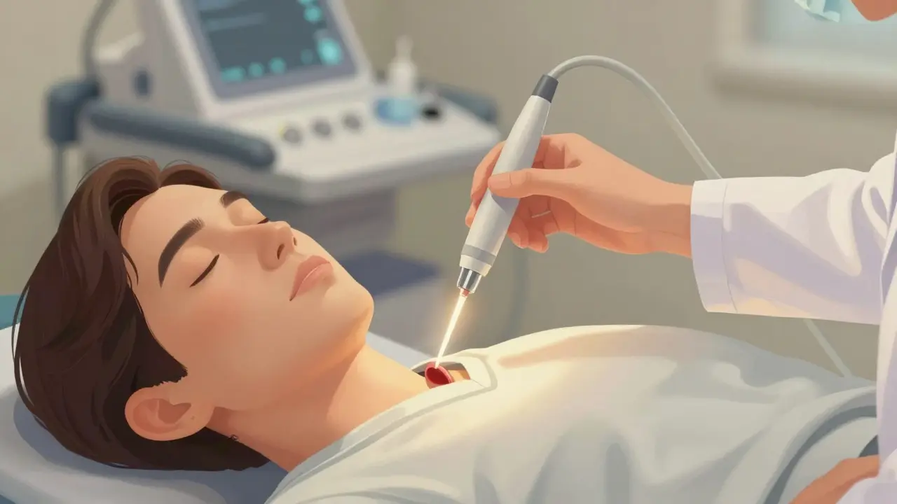 Lékař provádí endoskopii konečníku v ordinaci.