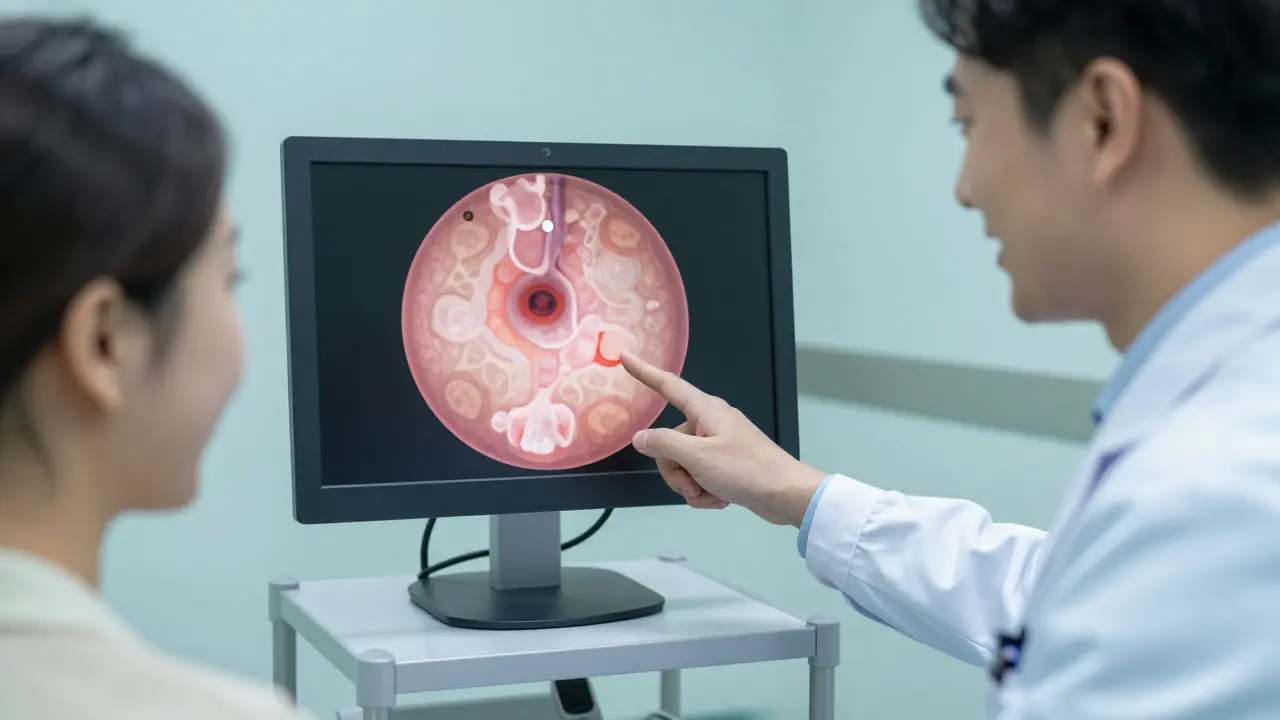 Lékař ukazuje na monitor s obrazem tlustého střeva během odstranění polypu.