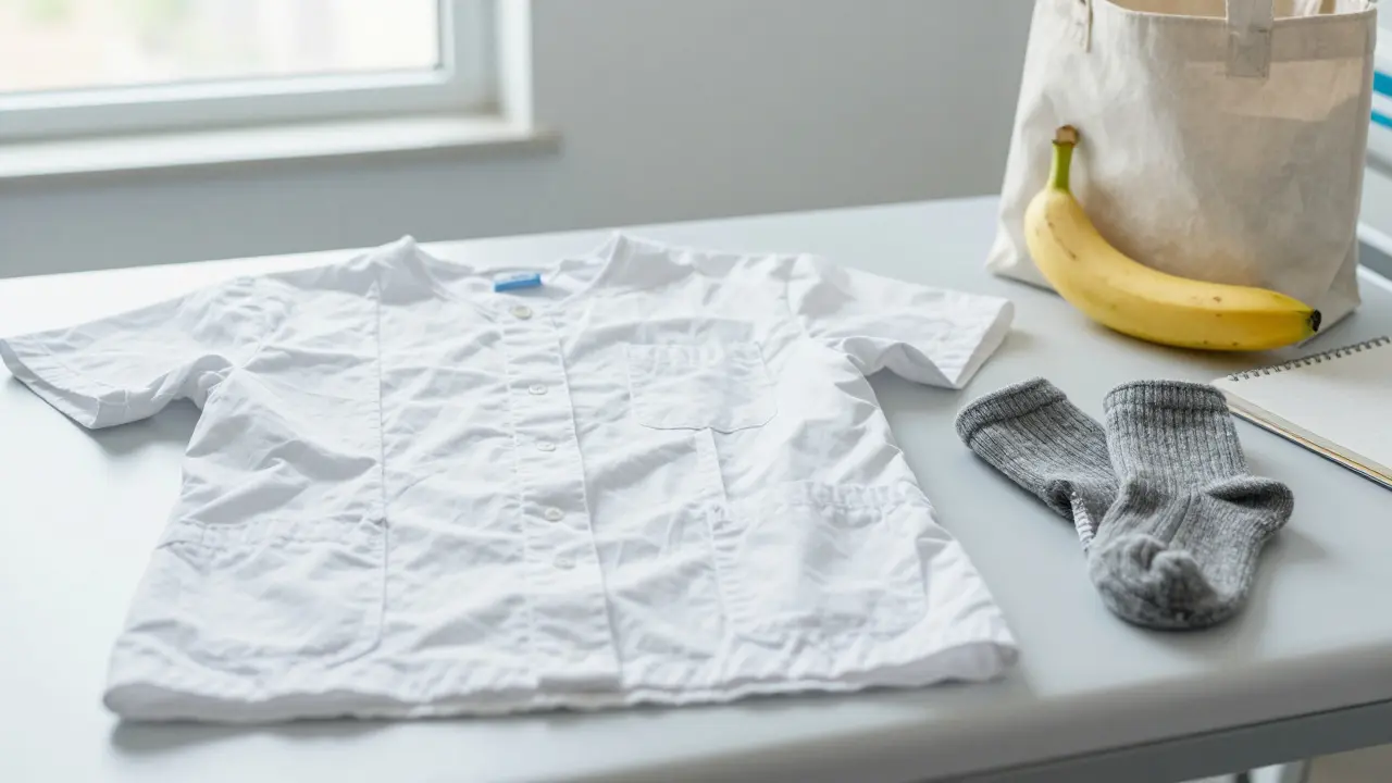 Nemocniční plášť a ponožky leží vedle malé tašky s jídelními předměty na čisté ploše.