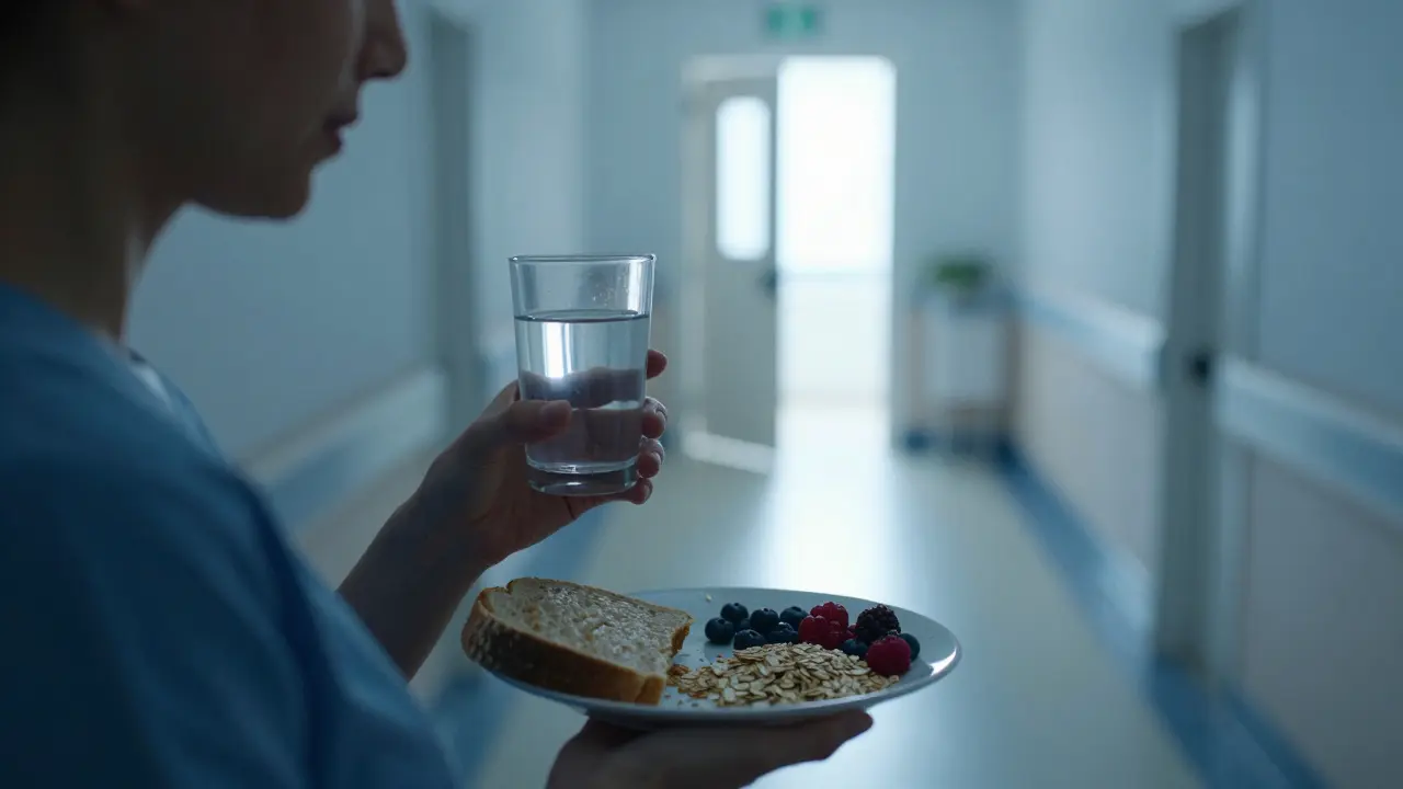 Osoba pije čistou tekutinu, zatímco za ní leží zakázané potraviny.