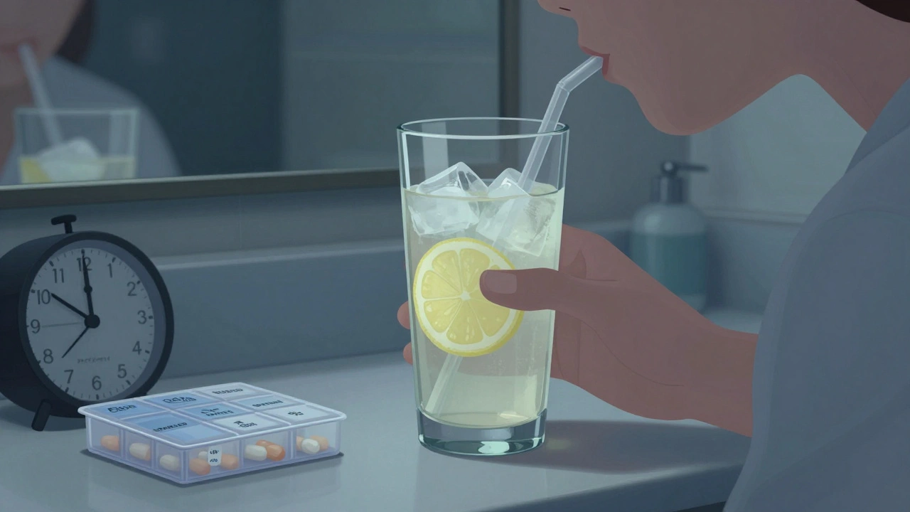 Osoba pije jasný přípravek na vyčištění střev večer před vyšetřením s citronem a ledem.