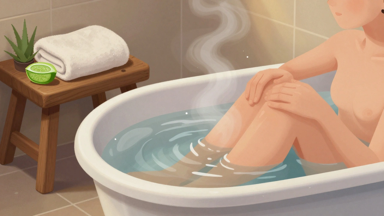 Osoba si dělá teplou koupel pro hemoroidy, voda je teplá, v místnosti je klidné osvětlení.