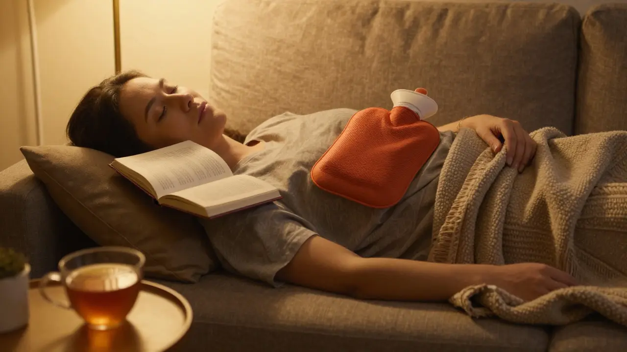 Osoba si odpočívá na gauči s teplou lahvičkou na břiše, klidný domácí prostředí.