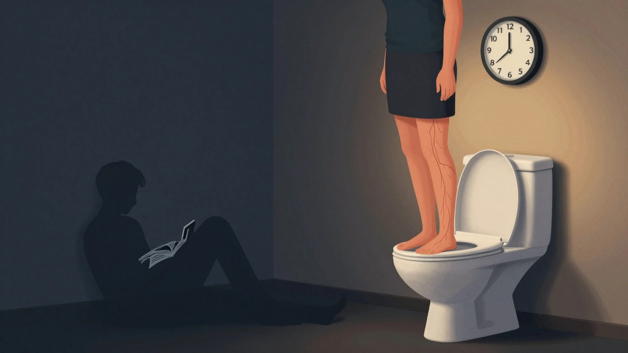 Osoba vstává z toalety po 3 minutách, zatímco za ní je stín osoby sedící.