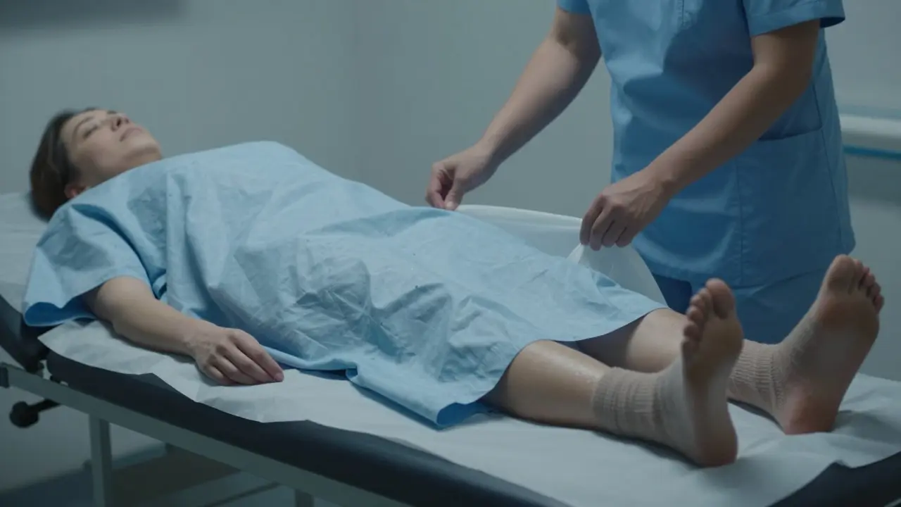 Pacient leží na boku na vyšetřovacím stole, pokrytý pláštěm, s viditelnými ponožkami.