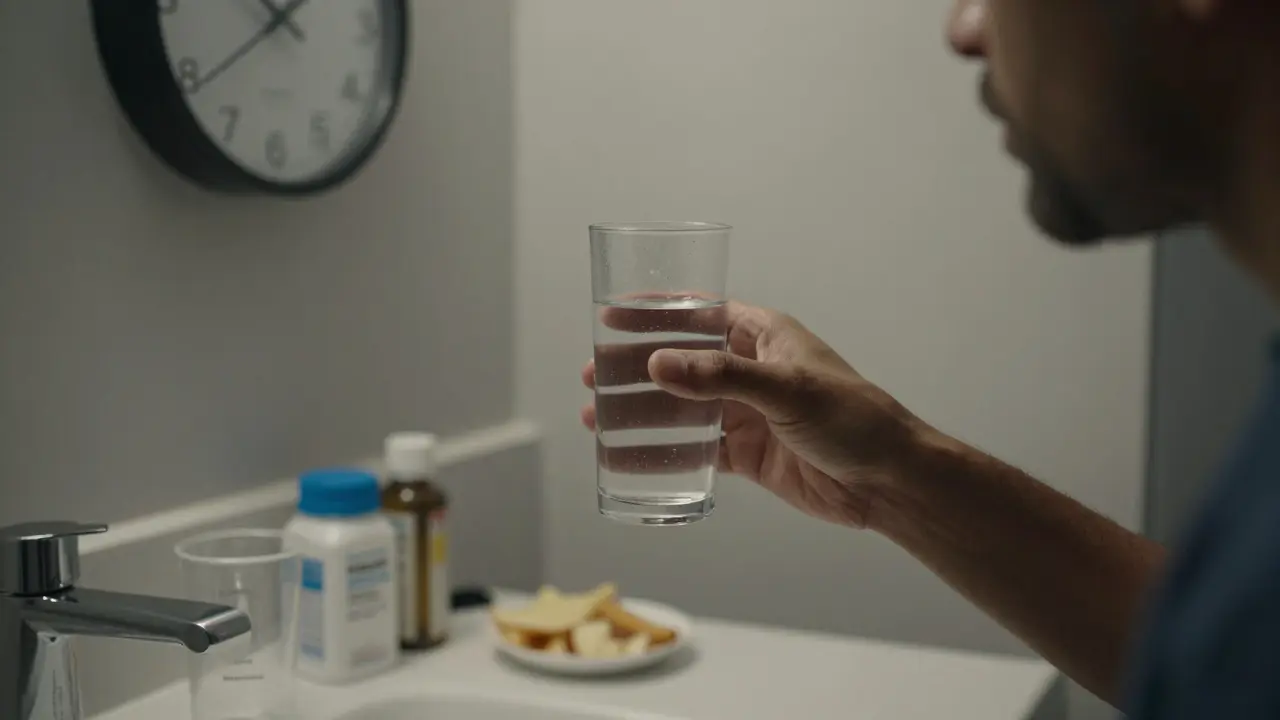 Pacient pije čisticí roztok v koupelně ráno, světlo z okna, lehké jídlo na stole.