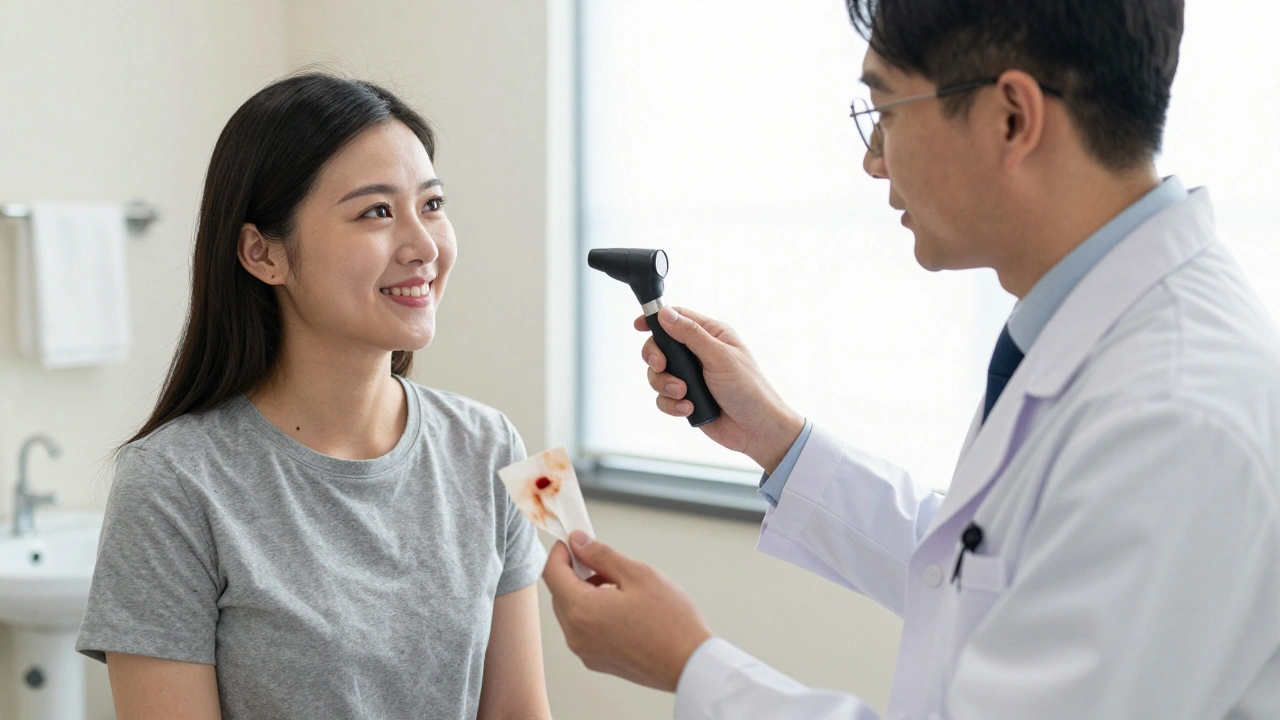 Pacient po anoskopii klidně hovoří s lékařem, v ruce má mírně krvavý papír.