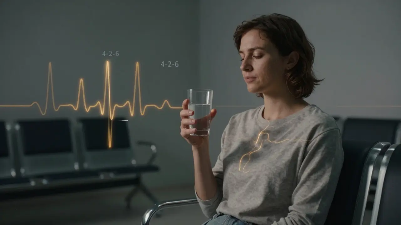 Pacient před vyšetřením dýchá klidně, s vizualizací dechového rytmu 4-2-6.