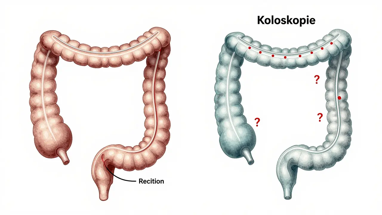 Porovnání správné a chybné kolonoskopie v stylu lékařského učebního obrázku.